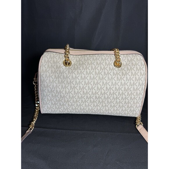 MICHAEL KORS BLAIRE VANILLA PINK LOGO GOLD CHAIN MED DUFFLE SATCHEL BAG *READ*** - Picture 6 of 13
